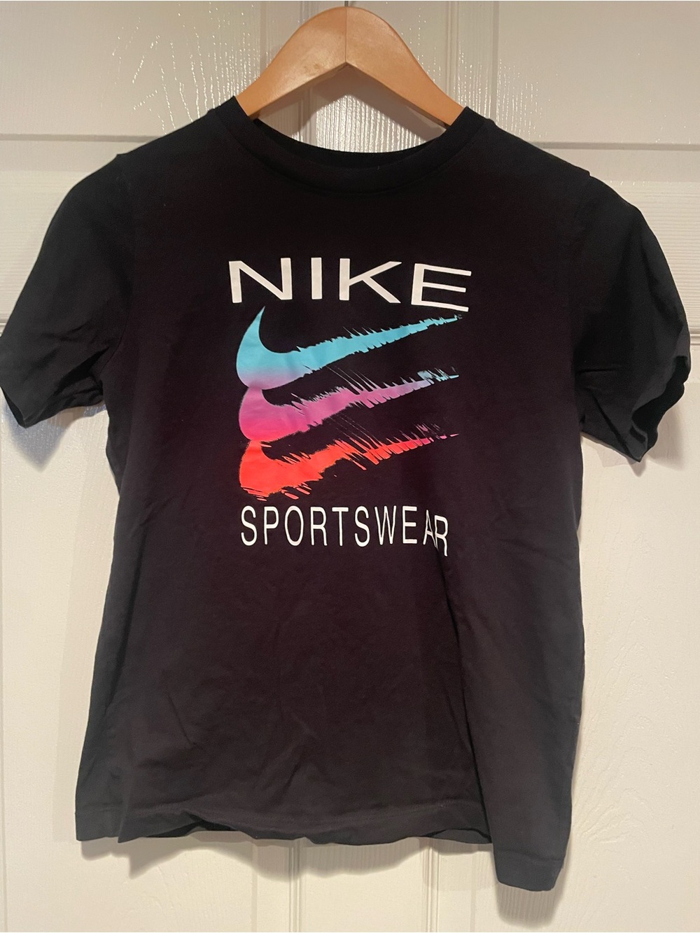 Nike Black Short-Sleeve Tee with Blue-Purple-Red Gradient Swoosh